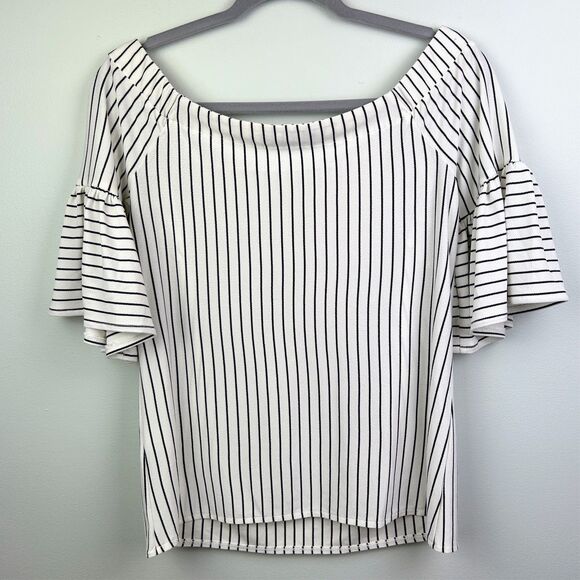 Banana Republic Off the Shoulder Bell Flare Slv Pin Stripe Blouse Black White S - Picture 6 of 11